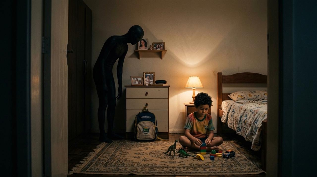 O filho ainda criança, sentado no chão do quarto brincando sob a luz quente do abajur; atrás dele, encostada na cômoda com os porta-retratos da família, uma figura escura e alongada se inclina sobre ele.