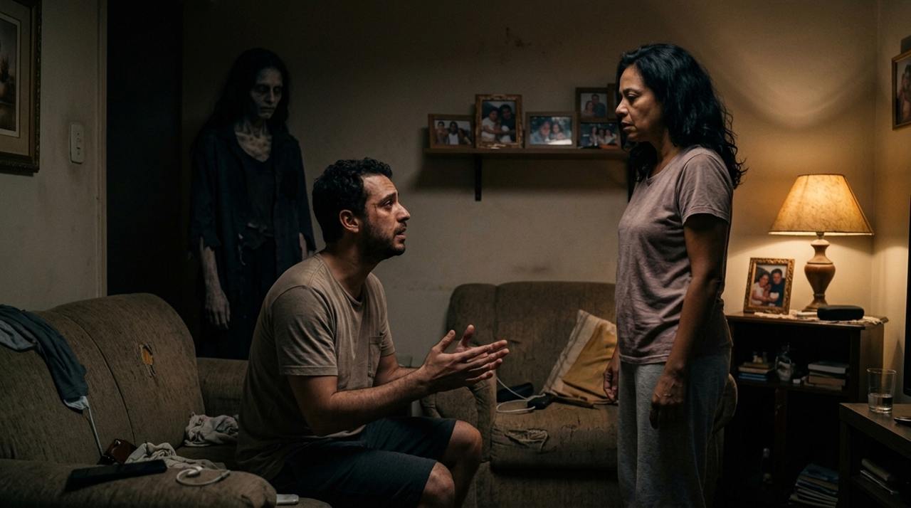 Na sala, o filho adulto sentado no sofá gesticula e implora à mãe, que está de pé diante dele, cabisbaixa e sem reação; atrás do filho, uma figura sombria de olhar fundo se destaca na penumbra.