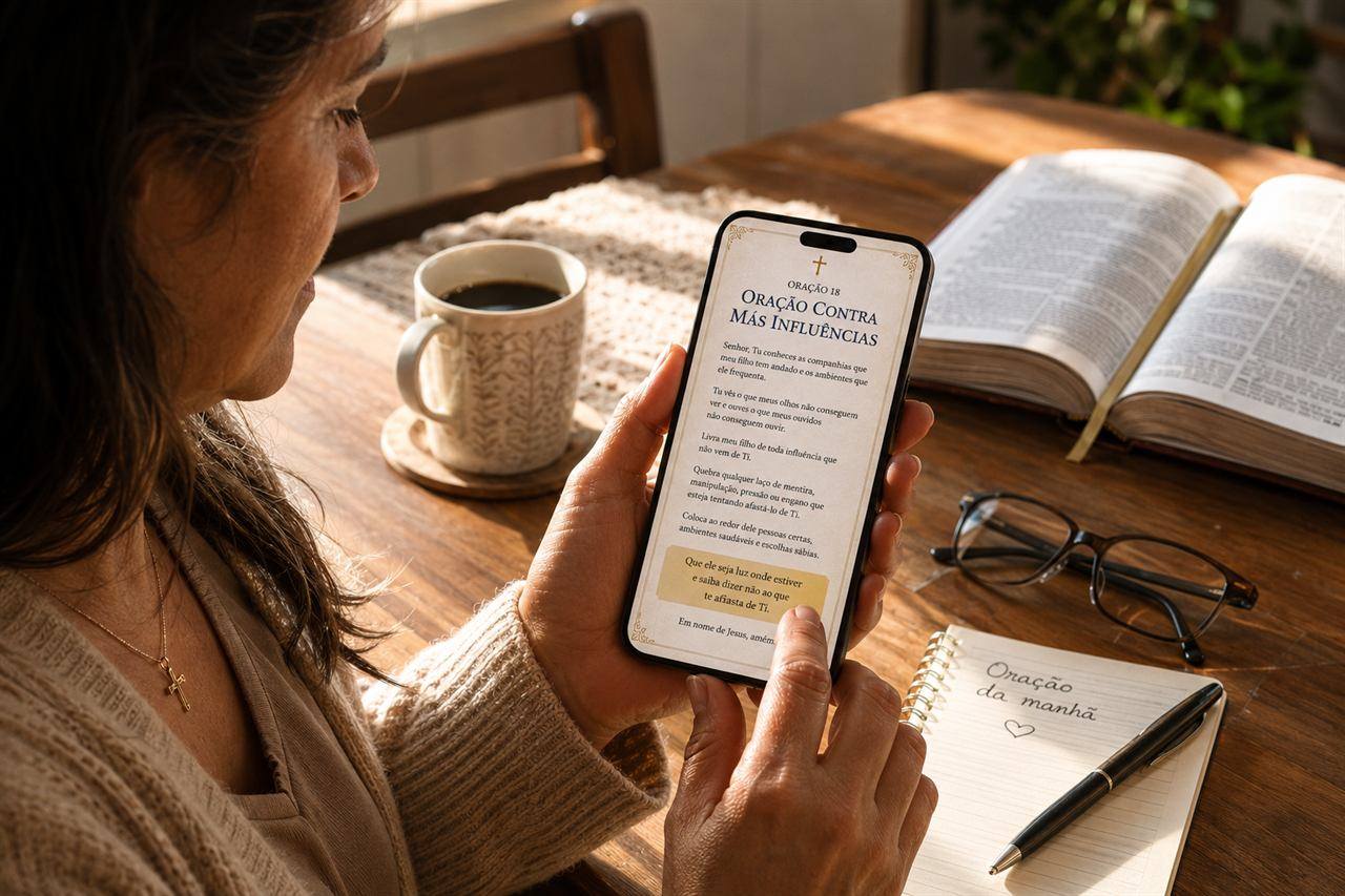 A mãe segura o celular à mesa, de manhã, lendo a 'Oração contra más influências'; ao lado, uma xícara de café, a Bíblia aberta, os óculos e um caderno com 'Oração da manhã' escrito à mão.