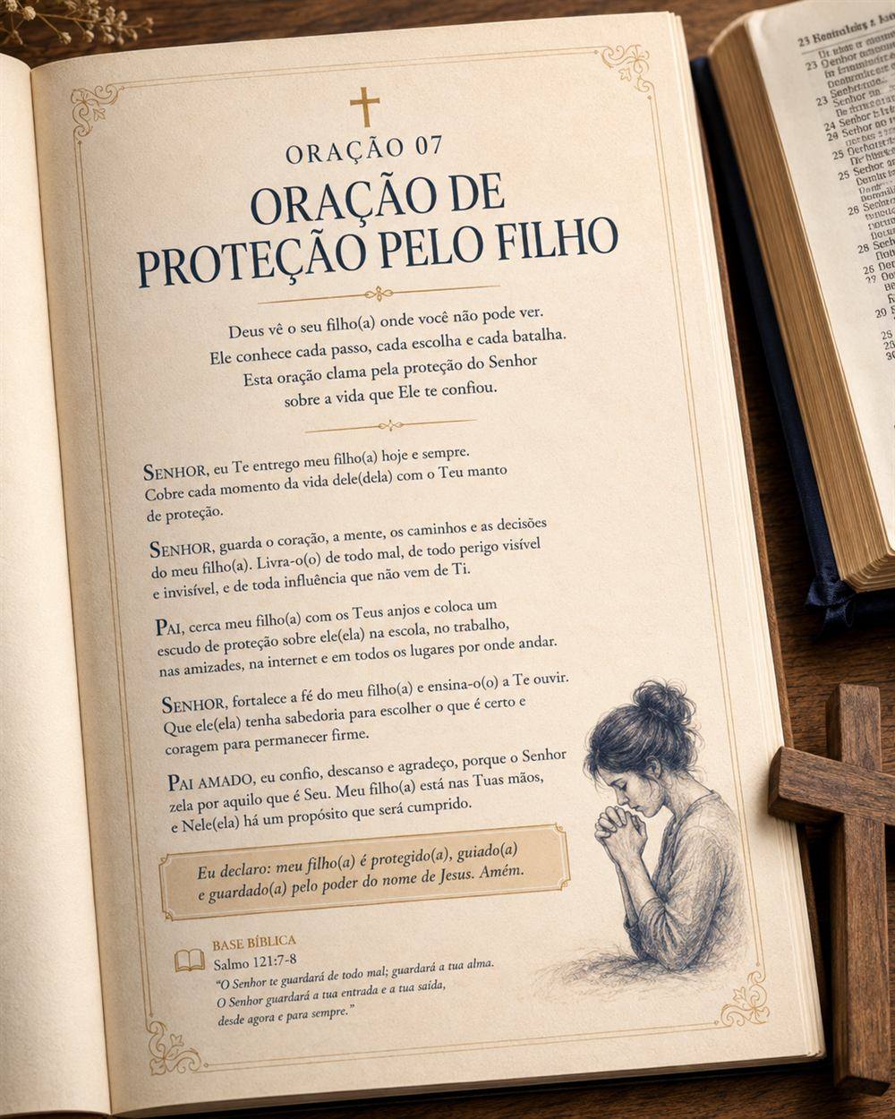Uma oração do material por dentro: título numerado, uma breve introdução, a oração completa, uma frase de declaração em destaque e a base bíblica ao pé da página.